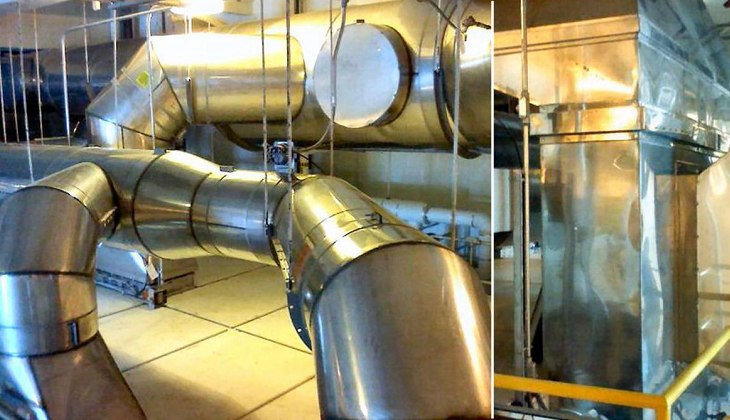 Double-wall stainless steel dyer duct fabricated for and installed at a food manufacturer. Custom ductwork is in a wash-down area and is bug-proof made at Schebler Specialty Fabrication