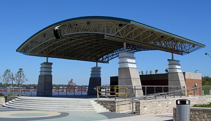 Custom architectural tubular structural fabrications for roof of Schwiebert Riverfront park pavilion