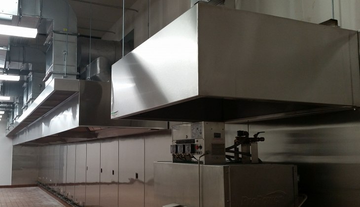 45 foot custom stainless steel industrial kitchen and dishwasher hoods with Schebler Chimney Systems FyreGuard™ grease duct and custom make-up air ductwork.